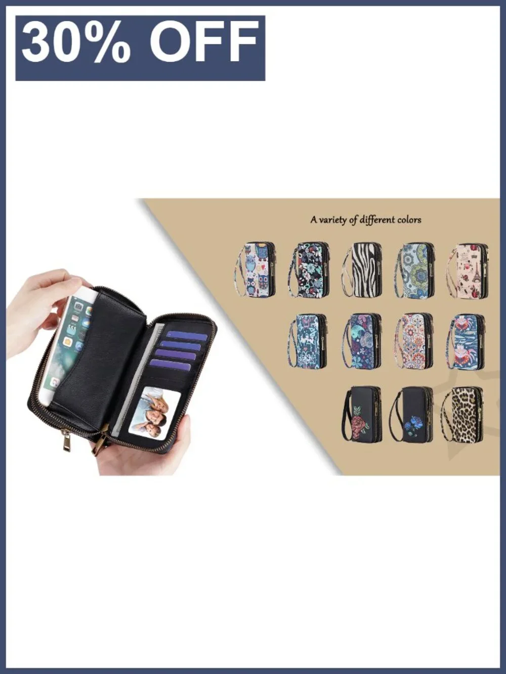 Floral Fabric Dual Zipper Wallet Removable Wristlet Phone Purse